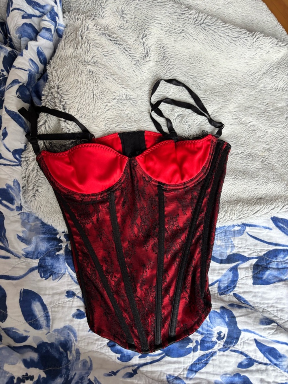 Roberto Cavalli Red and Black Satin Lace Bustier Corset
